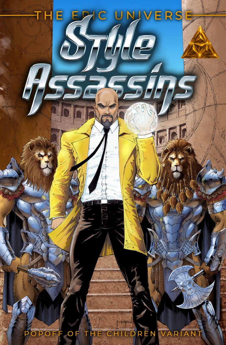 A man in a yellow jacket stands between two armored, lion-headed figures on stone steps.