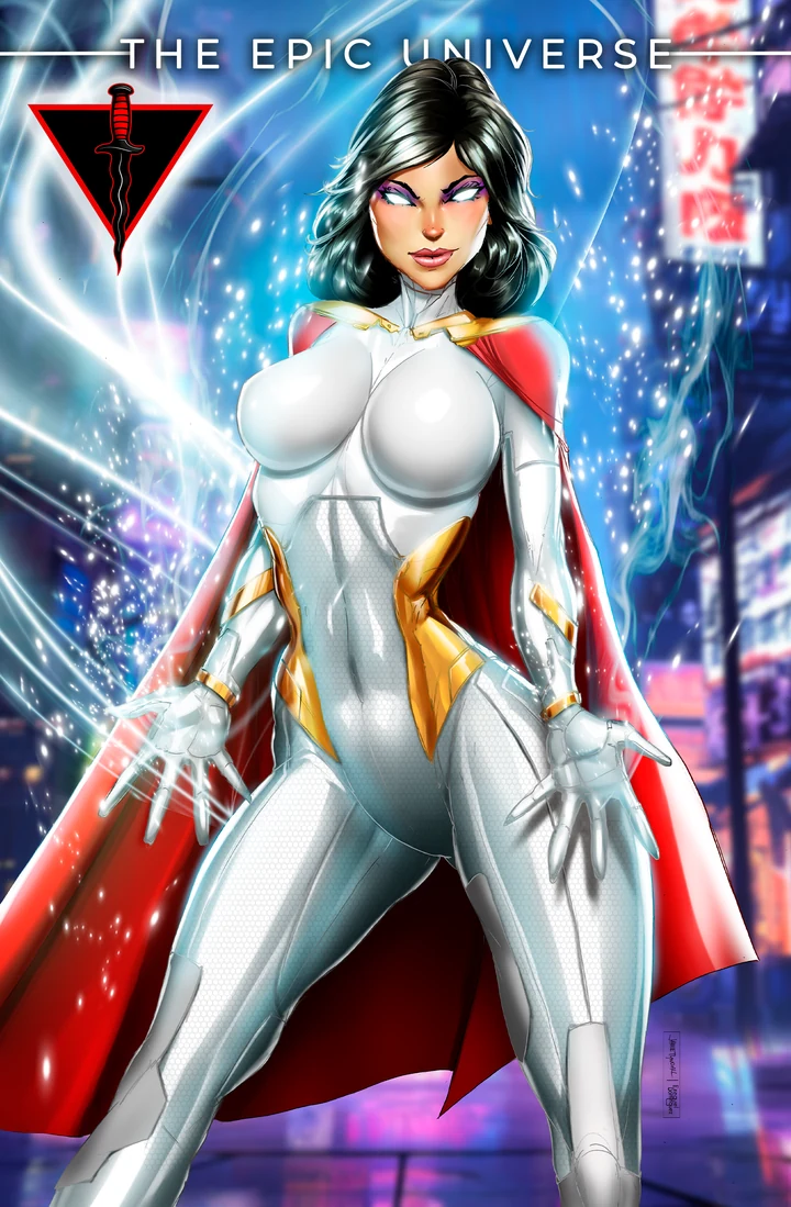 Tatsu in a white and gold suit, with blue light arcing around her against a city backdrop.