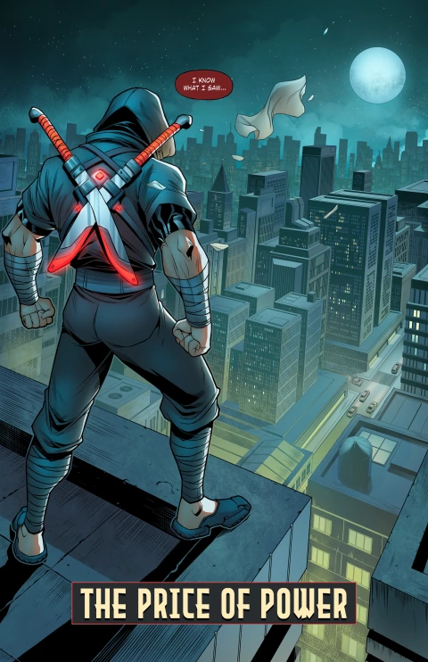 The Price of Power, preview artwork page 1: a hooded swordsman looks over a moonlit city.