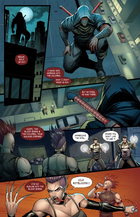 The Price of Power, preview artwork page 2: the rooftop observer watches a confrontation in an alley.