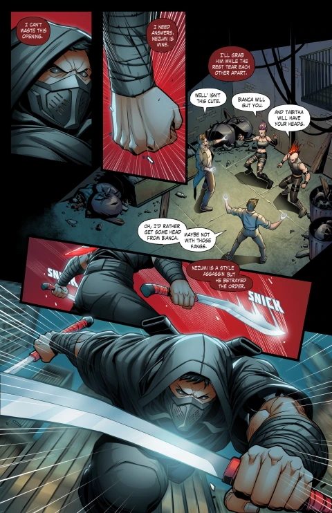 The Price of Power, preview artwork page 3: the masked observer draws both swords and leaps toward the alley.