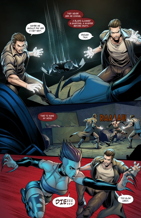 The Price of Power, preview artwork page 4: the swordsman lands as the alley confrontation erupts into combat.