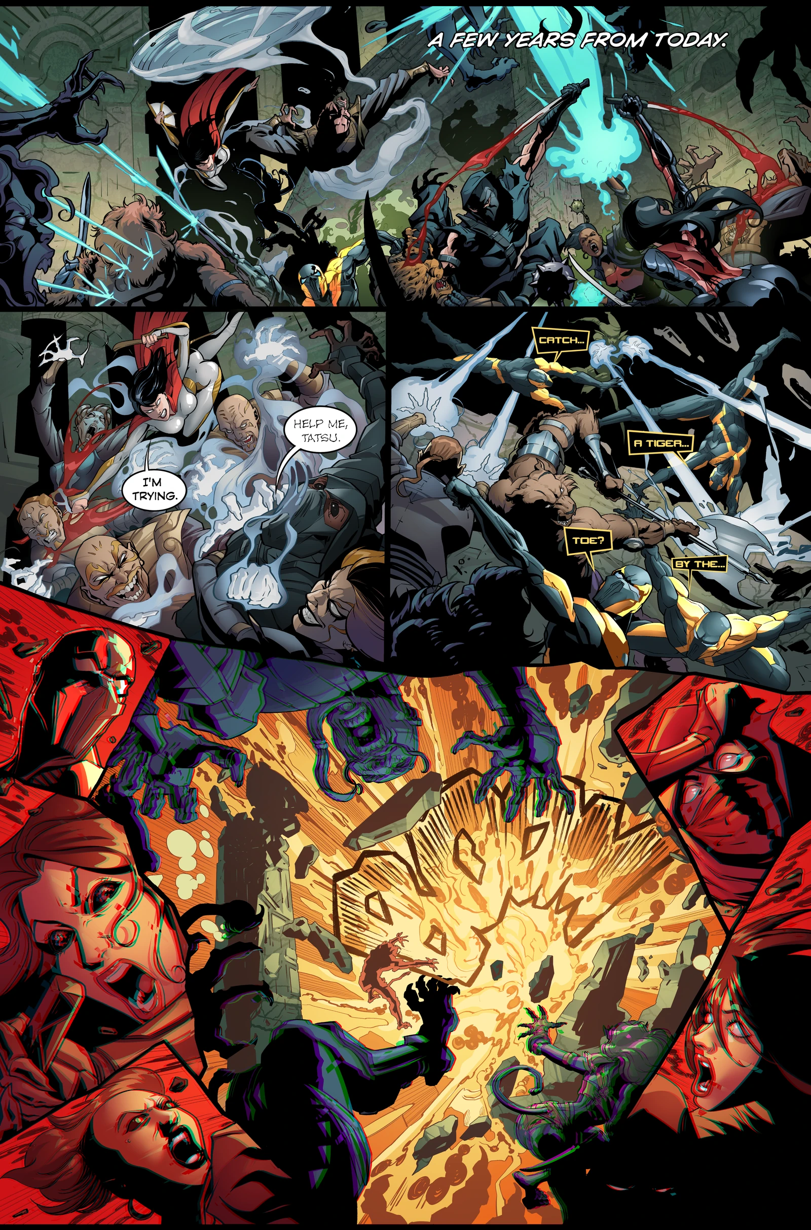 Style Assassins: Future Echoes, interior preview page 1. Warriors clash among stone ruins. Blue energy crosses the battle, and an explosion fills the lower panels.