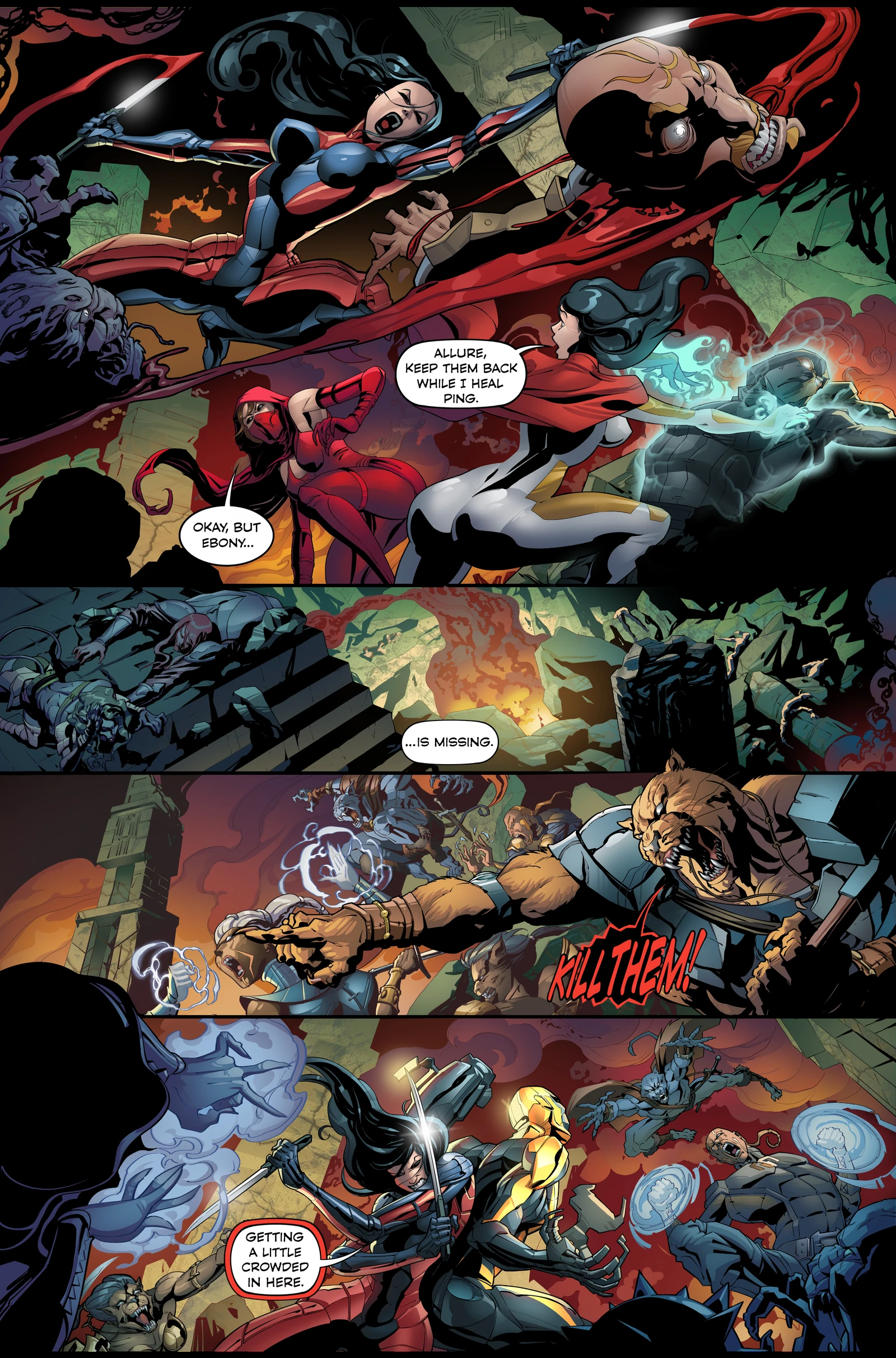 Style Assassins: Future Echoes, interior preview page 2. The battle continues around the stone steps. Fighters with blades and glowing hands face armored, lion-headed opponents.