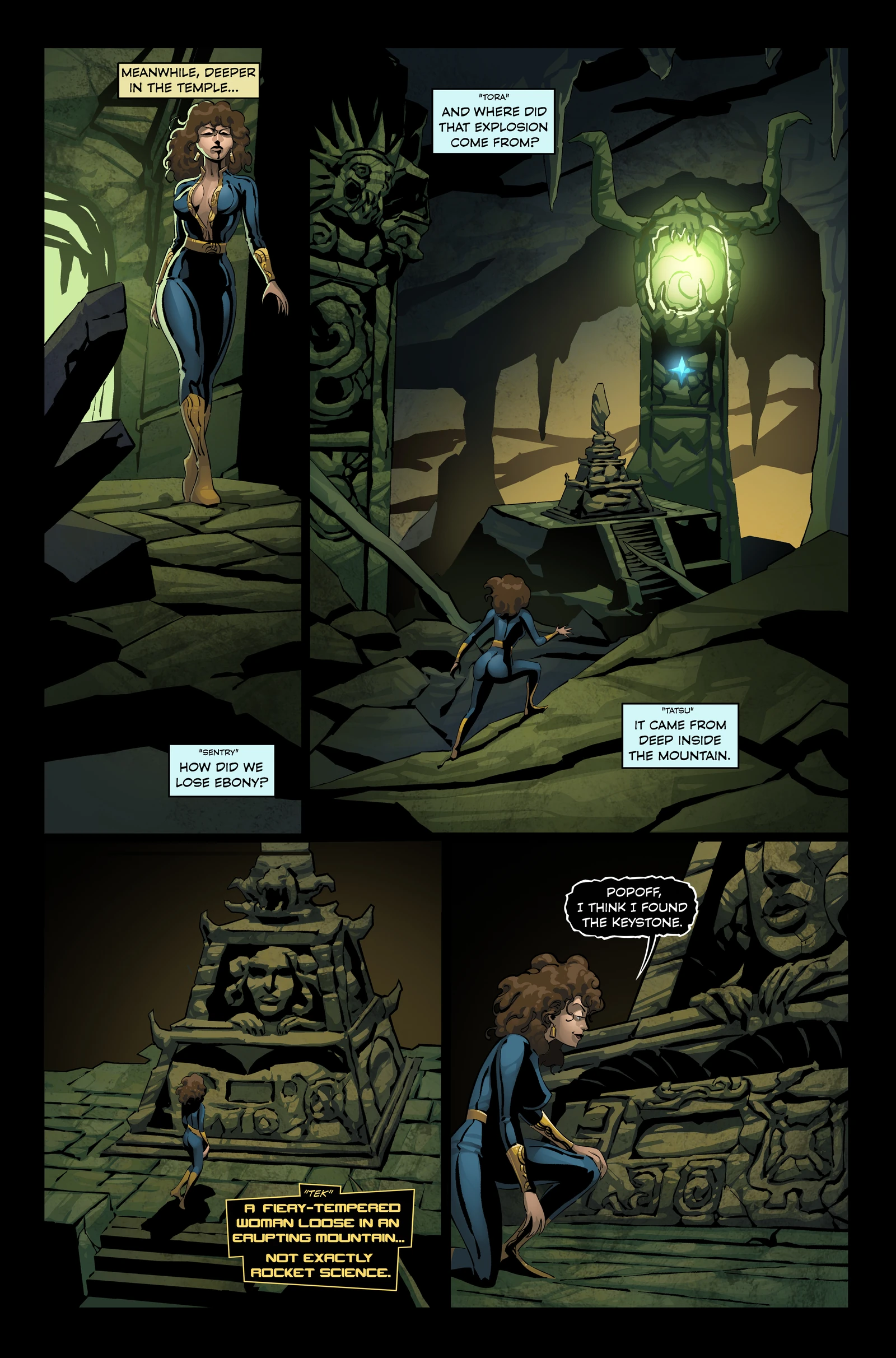 Style Assassins: Future Echoes, interior preview page 4. A woman in blue and gold moves deeper into a temple and approaches a carved stone structure beneath a green glow.